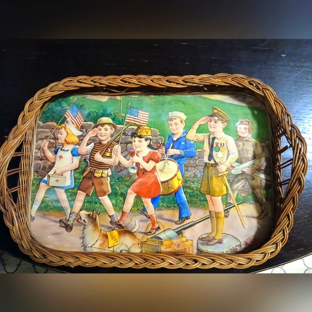Vintage Wicker Tray With Children Marching Picture Under Glass
